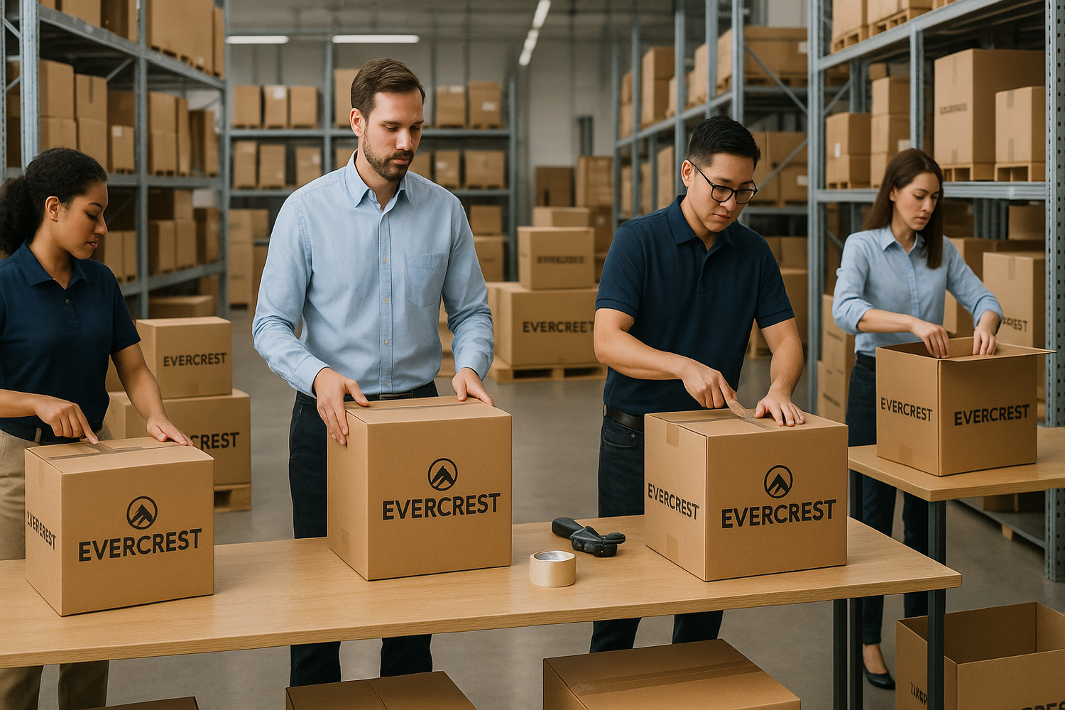 A shot inside an e-commerce warehouse where workers are well dressed packing orders, Huge Carton boxes with "Evercrest" Branding on them.